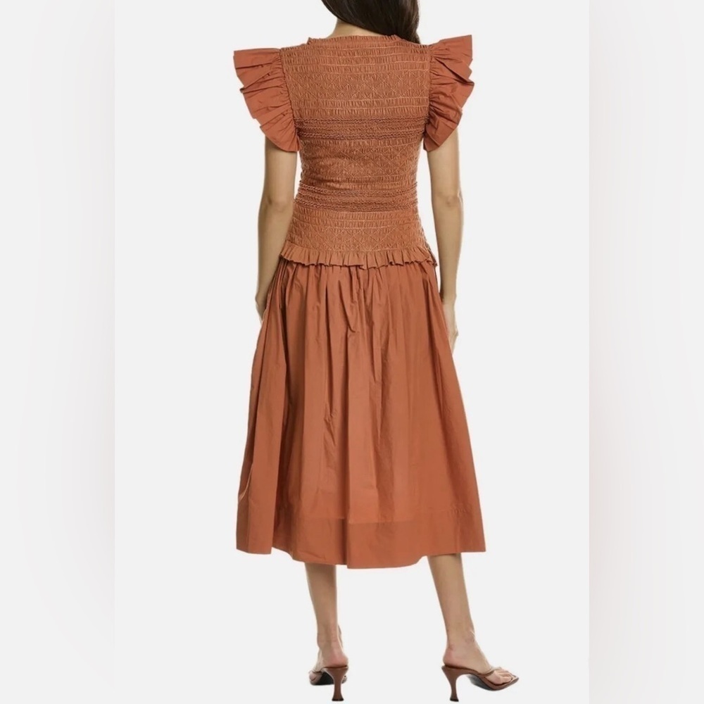 NWT ULLA JOHNSON Madeline Ruffled Smocked Midi Dress Size 6 - Picture 2 of 14